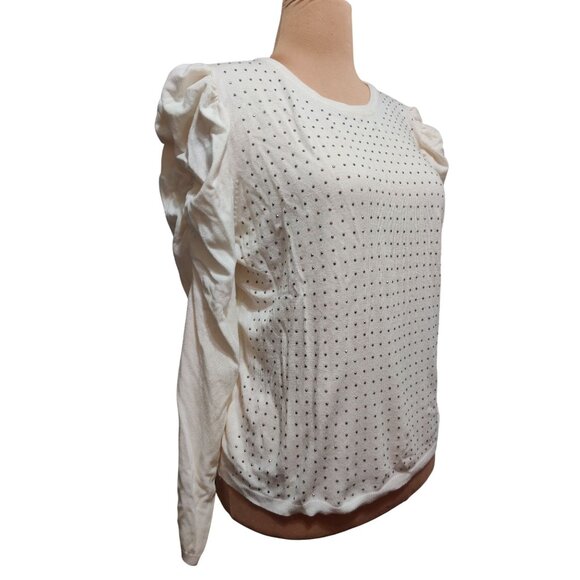 Joseph A L Womens Top Cream Long Sleeve Rhinestone Puff Shoulder Embellished - Picture 2 of 11